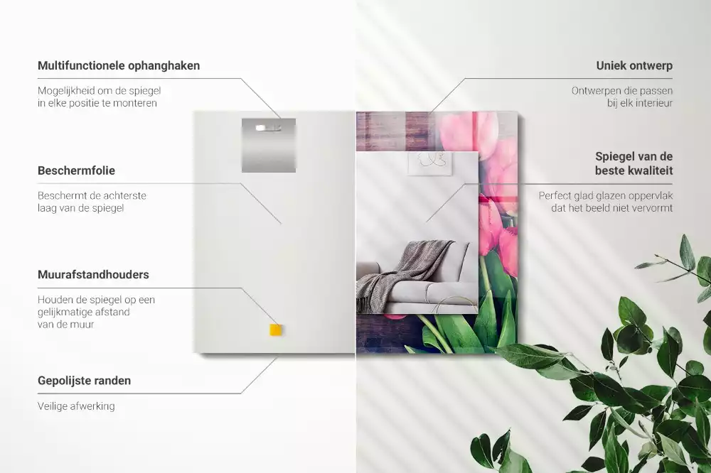 Obdélníkové dekorační zrcadlo Růžové dřevěné tulipány