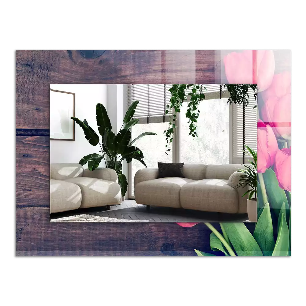 Obdélníkové dekorační zrcadlo Růžové dřevěné tulipány