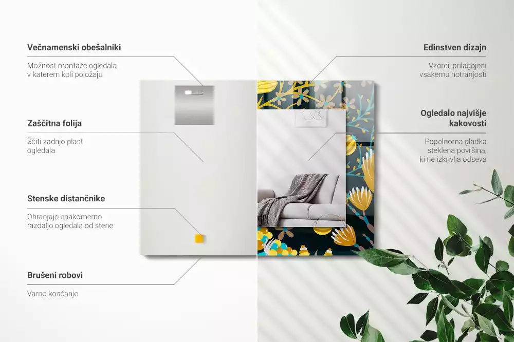 Obdélníkové dekorační zrcadlo Květiny listy vzory