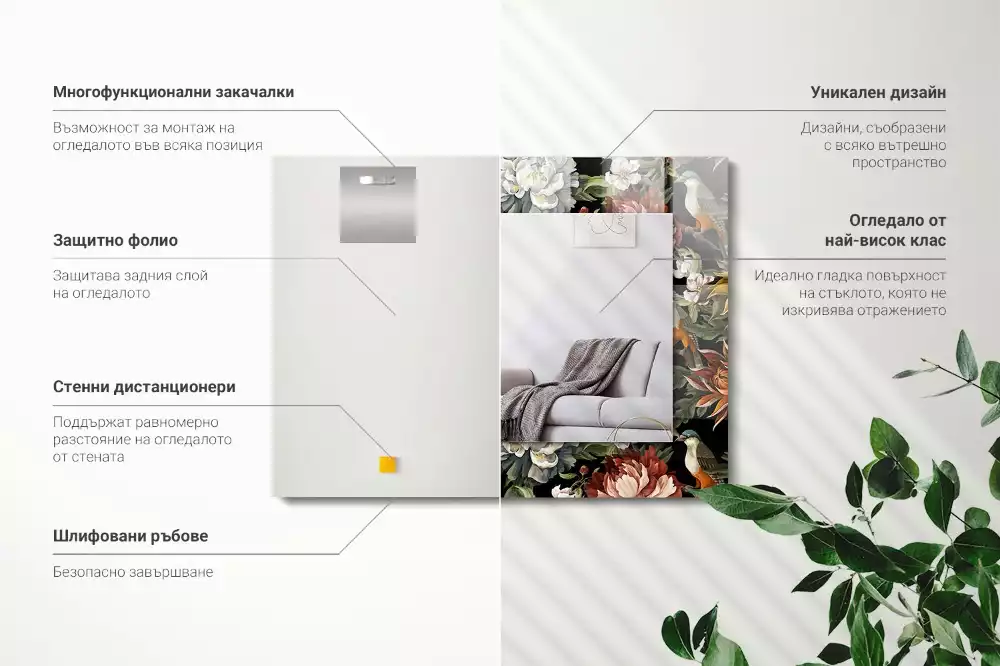 Obdélníkové dekorační zrcadlo Květiny a ptáci