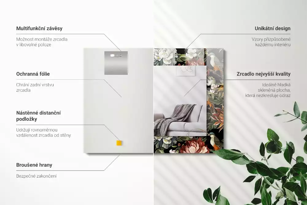 Obdélníkové dekorační zrcadlo Květiny a ptáci