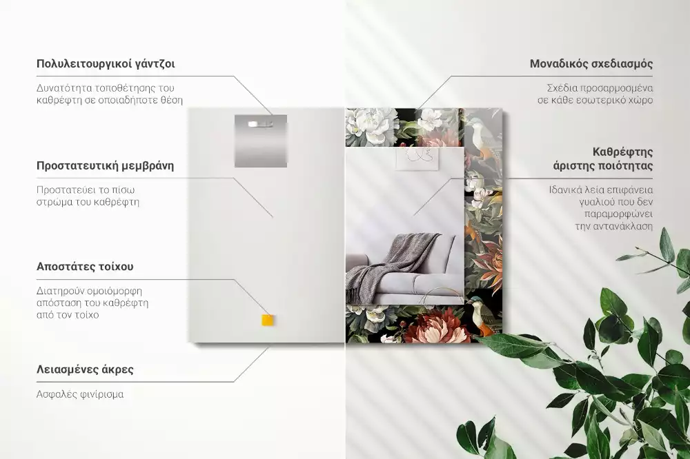 Obdélníkové dekorační zrcadlo Květiny a ptáci