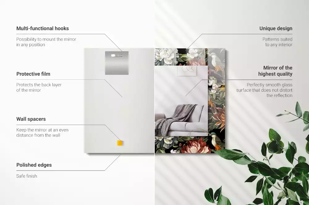 Obdélníkové dekorační zrcadlo Květiny a ptáci