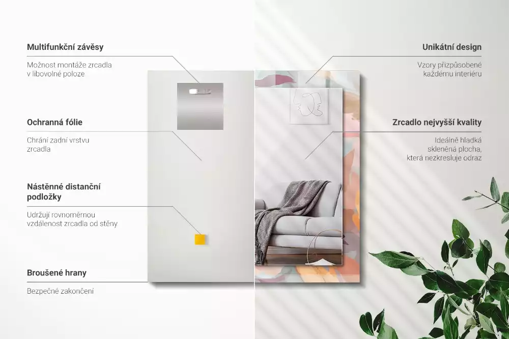 Obdélníkové dekorační zrcadlo Květiny, pastelové listy