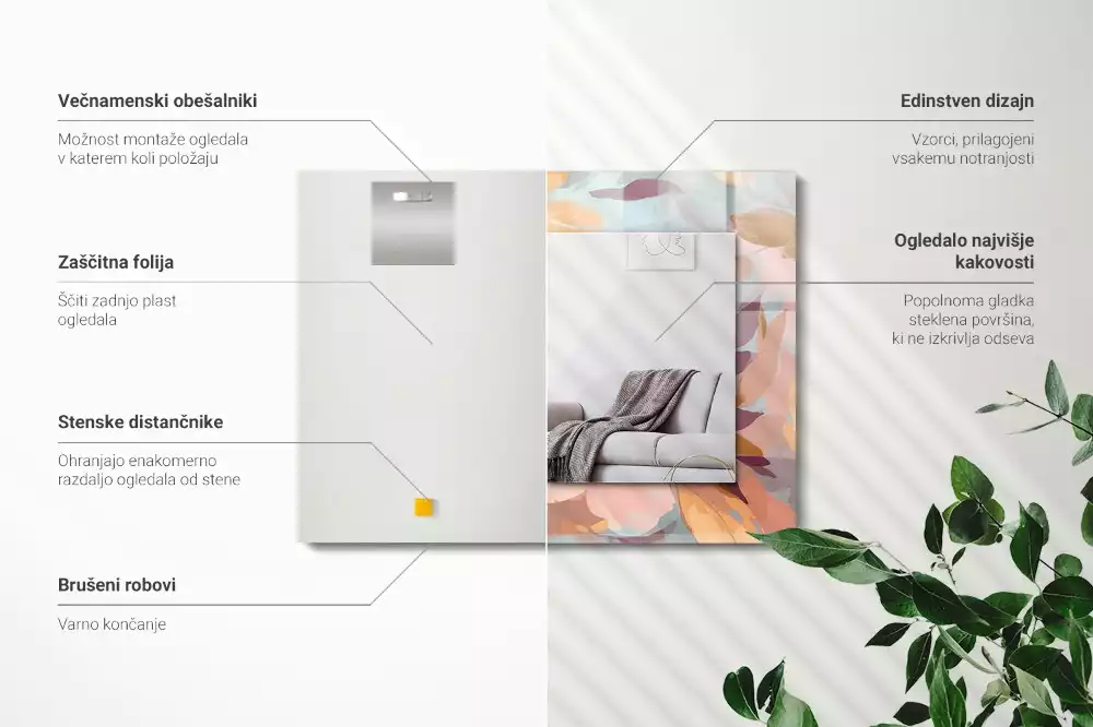 Obdélníkové dekorační zrcadlo Květiny, pastelové listy