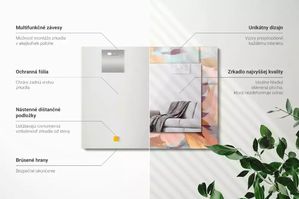 Obdélníkové dekorační zrcadlo Květiny, pastelové listy
