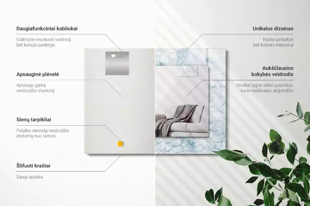 Obdélníkové dekorační zrcadlo Modrý vzor květin