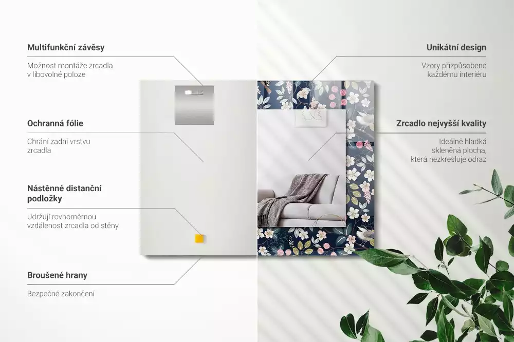 Obdélníkové dekorační zrcadlo Květiny listy ptáků