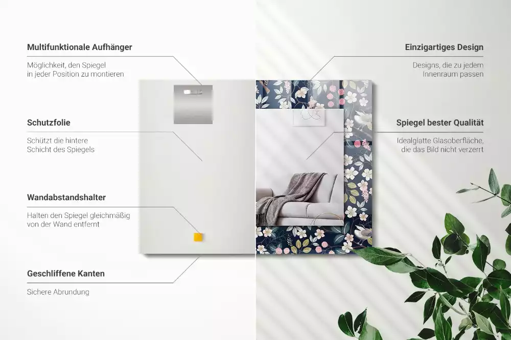 Obdélníkové dekorační zrcadlo Květiny listy ptáků