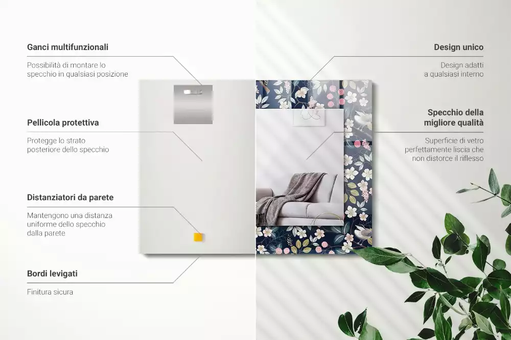 Obdélníkové dekorační zrcadlo Květiny listy ptáků