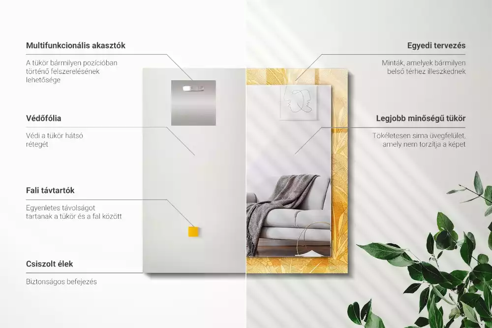 Obdélníkové dekorační zrcadlo Listy s oranžovým vzorem