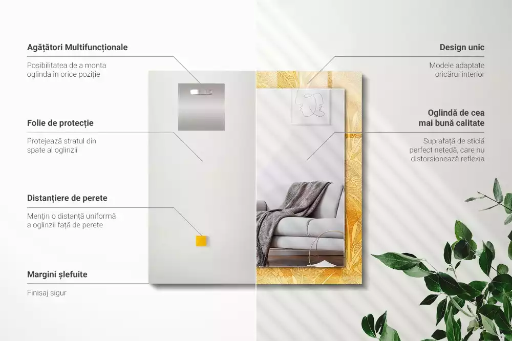 Obdélníkové dekorační zrcadlo Listy s oranžovým vzorem