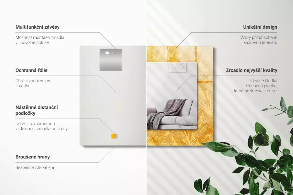 Obdélníkové dekorační zrcadlo Listy s oranžovým vzorem