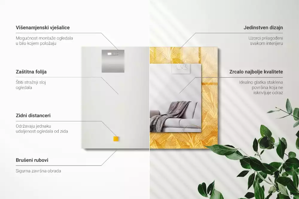 Obdélníkové dekorační zrcadlo Listy s oranžovým vzorem