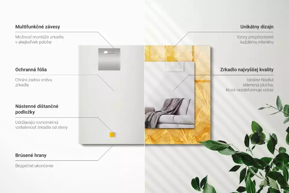 Obdélníkové dekorační zrcadlo Listy s oranžovým vzorem