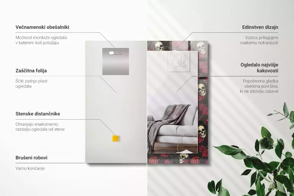 Obdélníkové dekorační zrcadlo Lebka růže trny