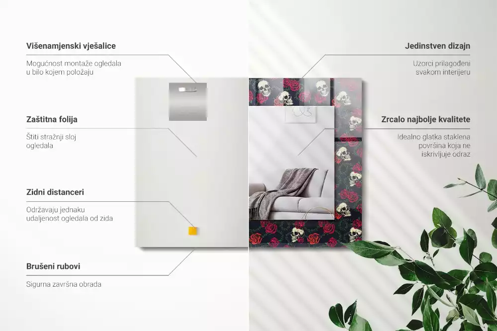 Obdélníkové dekorační zrcadlo Lebka růže trny