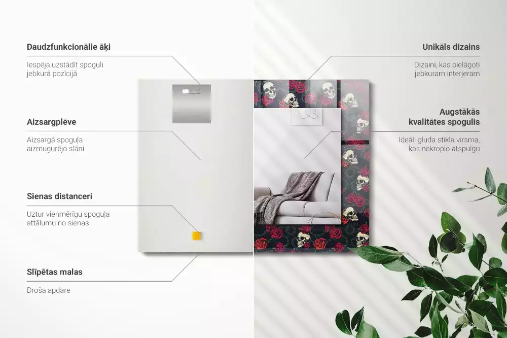 Obdélníkové dekorační zrcadlo Lebka růže trny