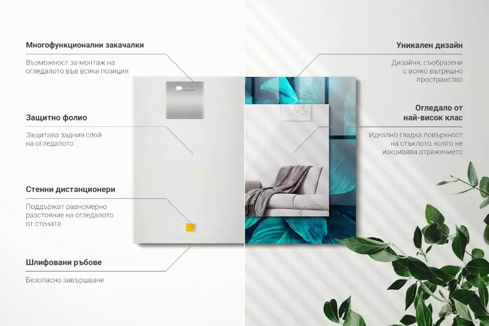 Obdélníkové dekorační zrcadlo zelené listy