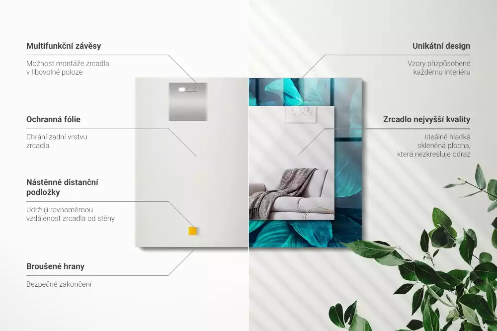 Obdélníkové dekorační zrcadlo zelené listy