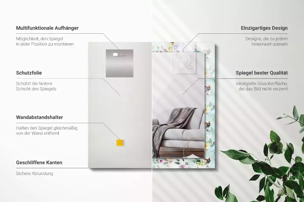 Obdélníkové dekorační zrcadlo Květinové a ptáci