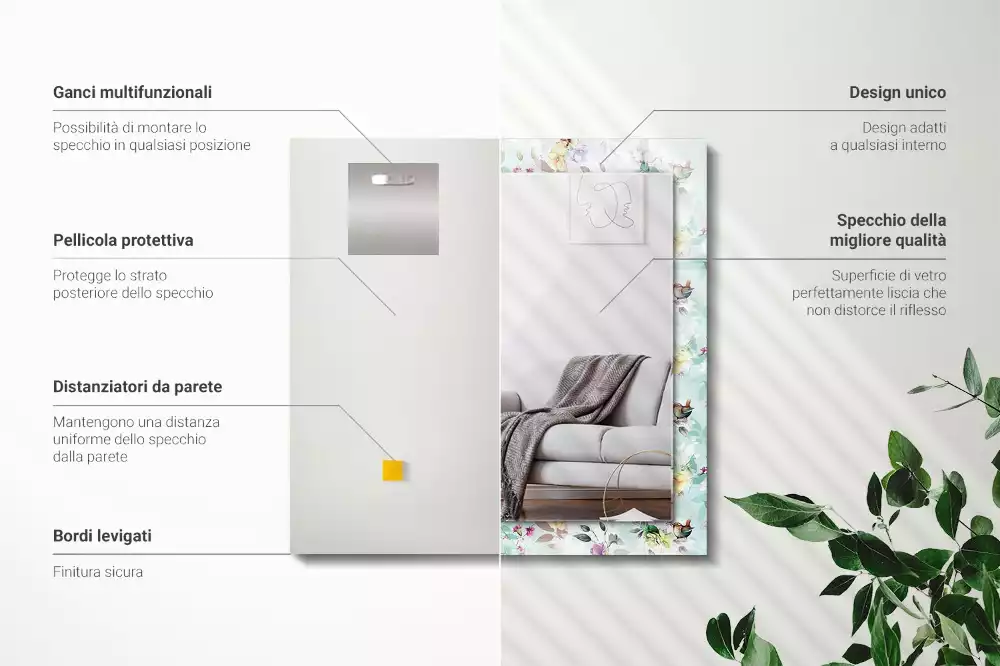 Obdélníkové dekorační zrcadlo Květinové a ptáci