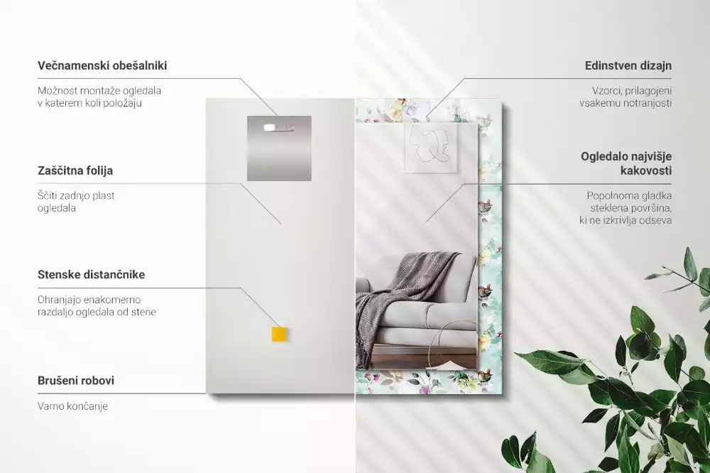 Obdélníkové dekorační zrcadlo Květinové a ptáci