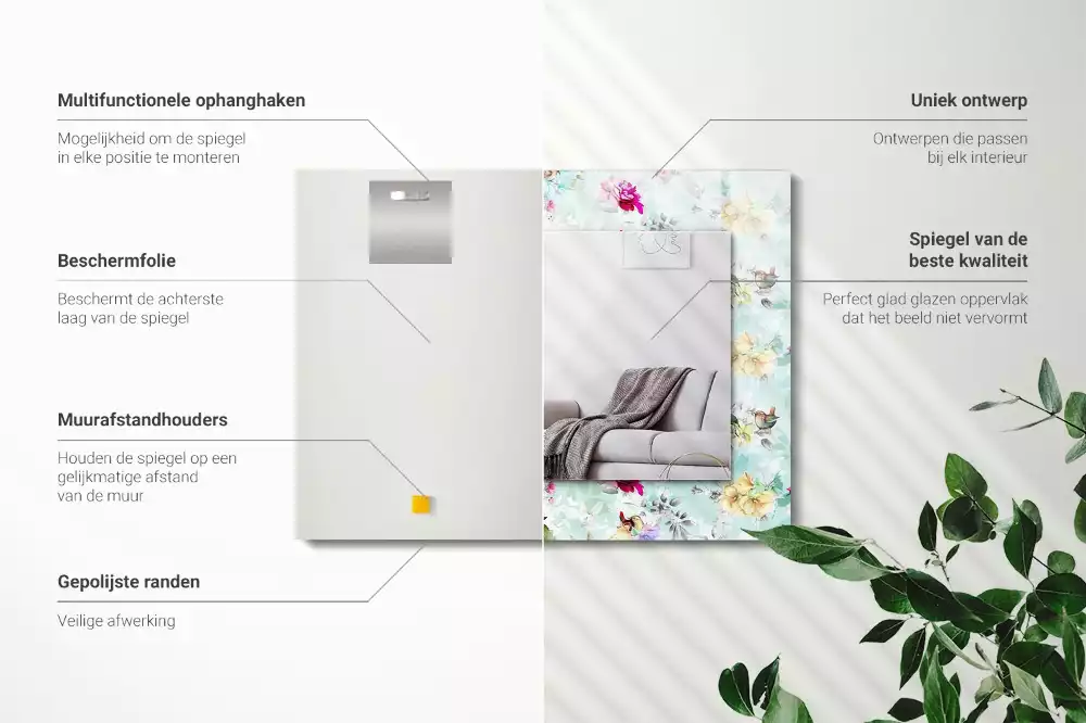 Obdélníkové dekorační zrcadlo Květinové a ptáci