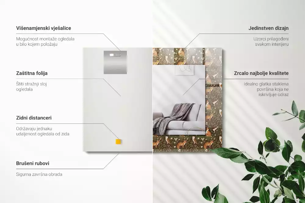 Obdélníkové dekorační zrcadlo Liška a sova