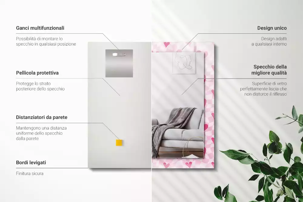 Obdélníkové dekorační zrcadlo Růžové srdce