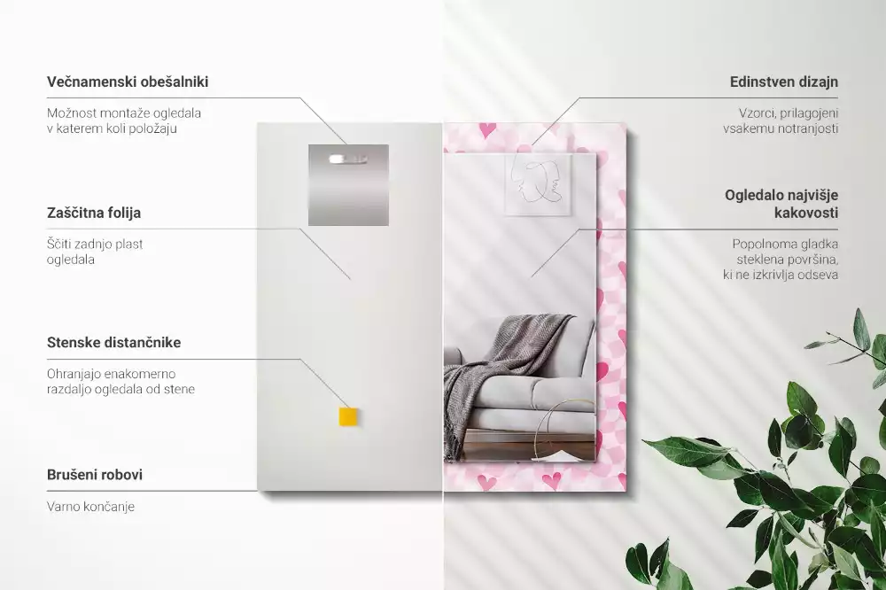 Obdélníkové dekorační zrcadlo Růžové srdce