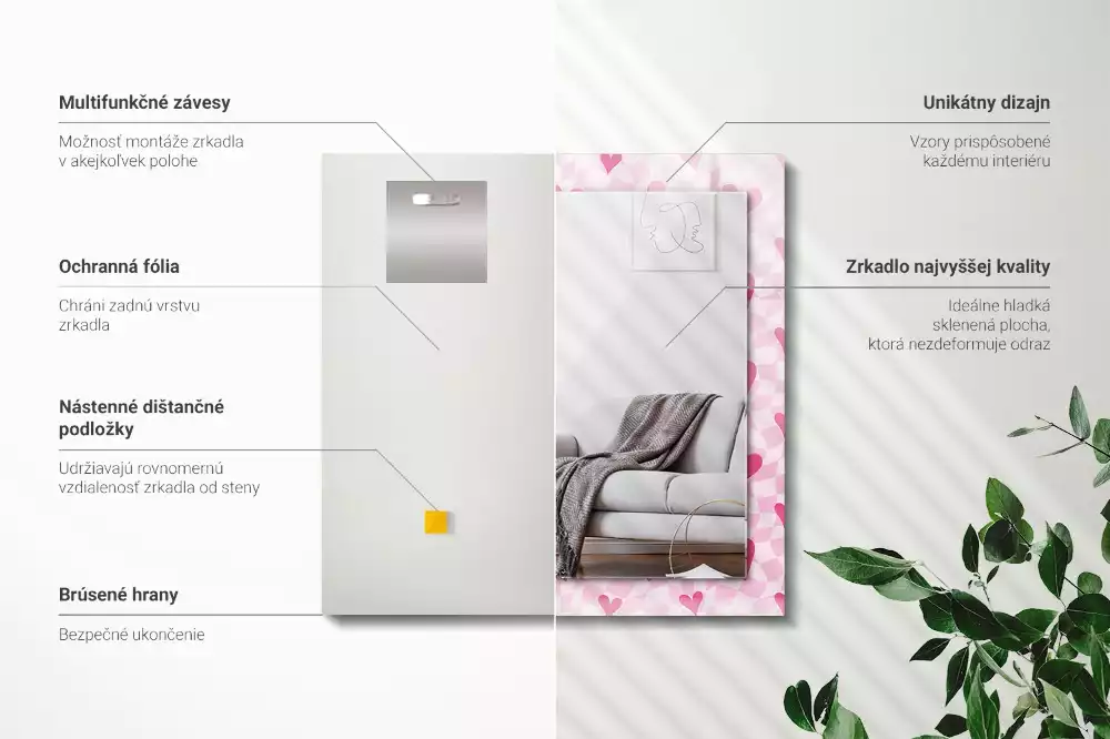 Obdélníkové dekorační zrcadlo Růžové srdce