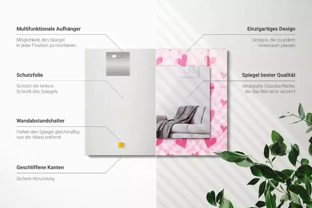 Obdélníkové dekorační zrcadlo Růžové srdce