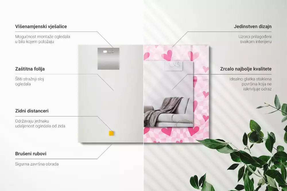 Obdélníkové dekorační zrcadlo Růžové srdce