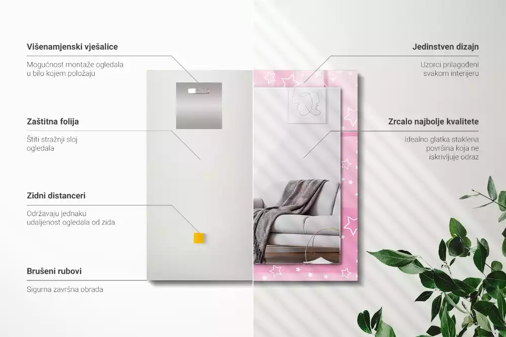 Obdélníkové dekorační zrcadlo Růžové hvězdy