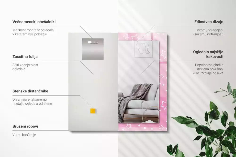Obdélníkové dekorační zrcadlo Růžové hvězdy