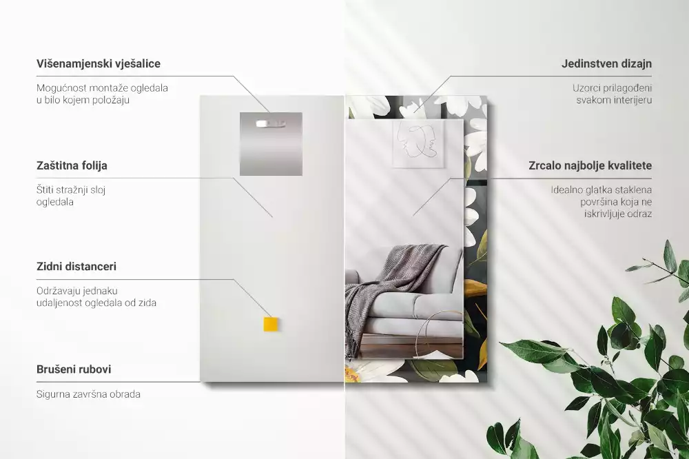 Obdélníkové dekorační zrcadlo Listy bílé sedmikrásky