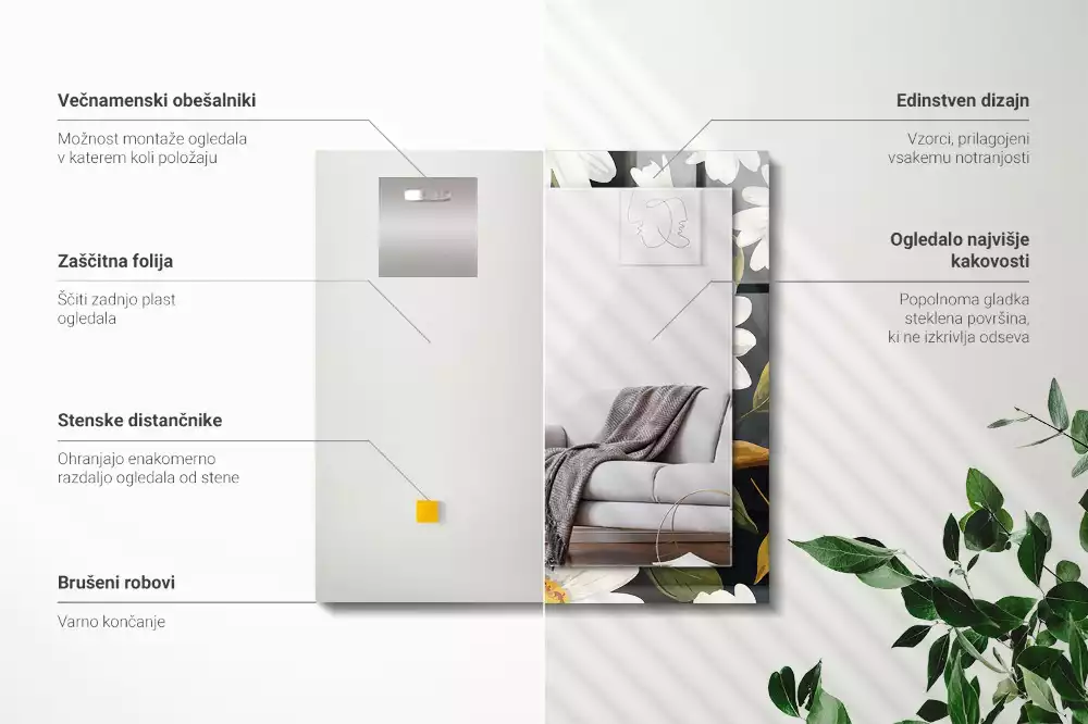 Obdélníkové dekorační zrcadlo Listy bílé sedmikrásky