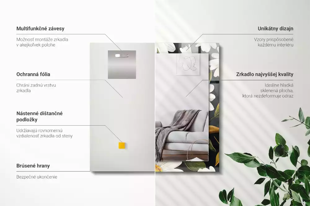 Obdélníkové dekorační zrcadlo Listy bílé sedmikrásky