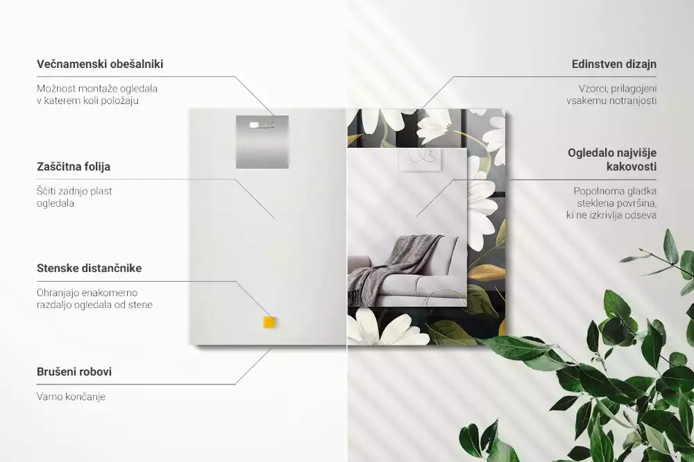 Obdélníkové dekorační zrcadlo Listy bílé sedmikrásky