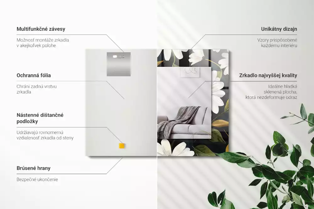 Obdélníkové dekorační zrcadlo Listy bílé sedmikrásky